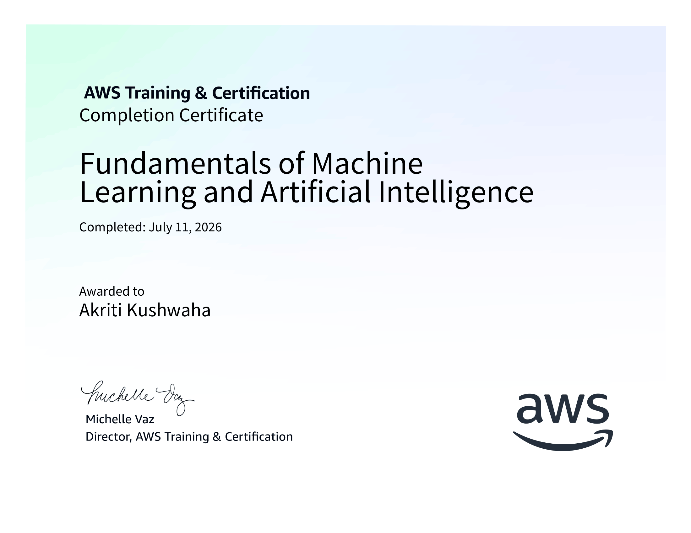 AWS Fundamentals of Machine Learning and Artificial Intelligence certificate